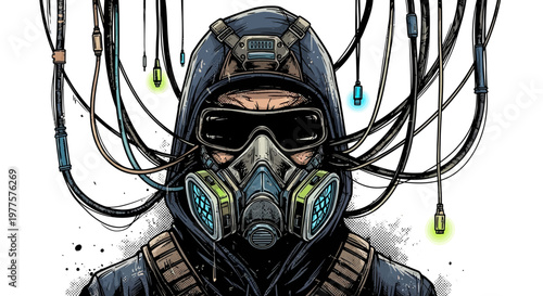 Cyberpunk character with gas mask and hood, connected by wires