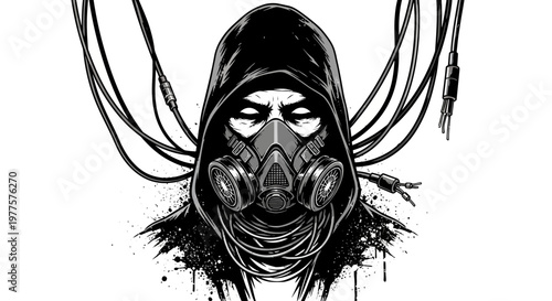 Cyberpunk Hacker in Gas Mask and Hoodie with Cables