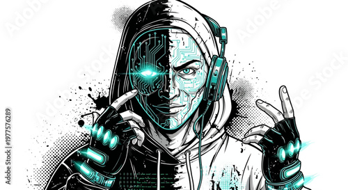 Cyberpunk Hacker with Digital Face and Headphones
