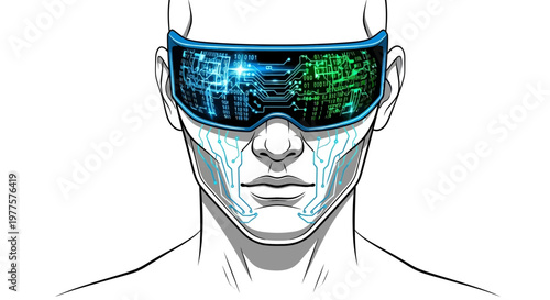 Futuristic Man with VR Goggles Displaying Circuit Board and Data