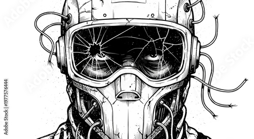 Disturbing Post-Apocalyptic Survivor with Broken Goggles and Gas Mask