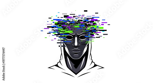 Glitch art mask head exploding into digital data fragments