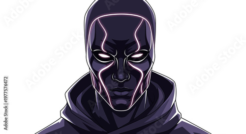 Futuristic masked man with glowing neon lines on face, dark hoodie, sci-fi character portrait
