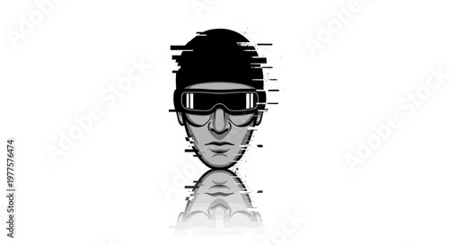Glitch effect on a person wearing a beanie and futuristic goggles, black and white