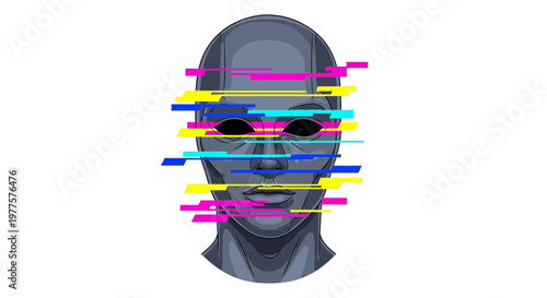 Glitch effect on a robot face, digital art, AI concept