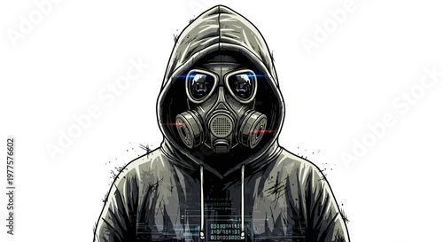 Hacker in Gas Mask and Hoodie, Cyberpunk Style