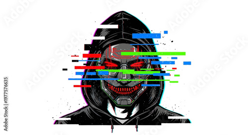 Hacker in Hoodie with Glitch Effect and Red Eyes