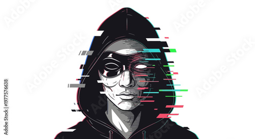 Hacker in hoodie with glitch effect, anonymous cybercrime concept