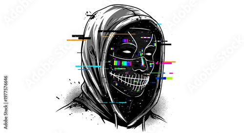 Hacker in hoodie with glitch mask, digital art, anonymous cybercrime concept