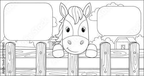Cute horse on farm fence coloring page with speech bubbles for kids