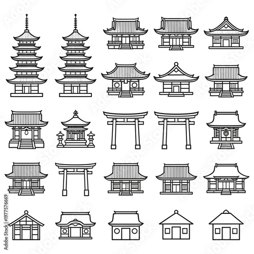 Traditional japanese temple and shrine architecture line art icons vector collection.