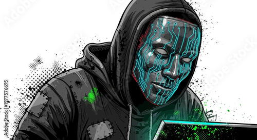 Hacker in Mask with Circuit Board Design Using Laptop