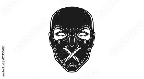 Masked Face with Stitched Mouth and Empty Eyes