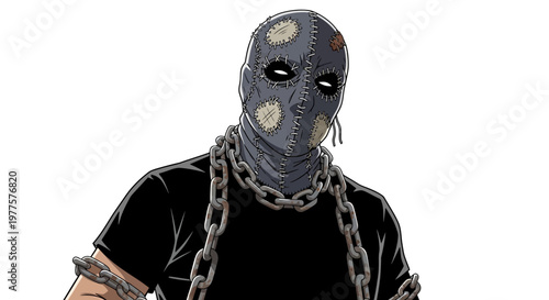 Masked man with chains, horror, dark character, spooky, creepy, mysterious
