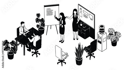 Business professionals engaged in a meeting with a presentation on a whiteboard and a large computer screen in a modern office setting with plants