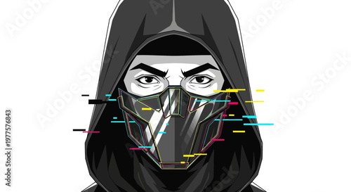 Mysterious Hacker in Futuristic Mask with Glitch Effect