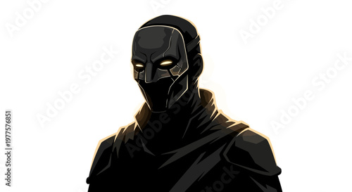 Mysterious masked figure with glowing eyes, dark sci-fi character concept art