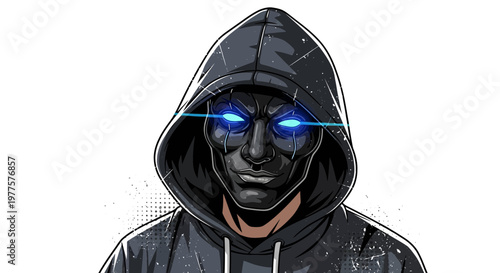 Mysterious Hacker in Hooded Sweatshirt with Glowing Blue Eyes Mask