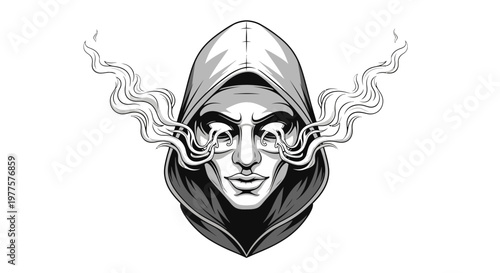 Mysterious hooded figure with smoke emanating from eyes, black and white illustration