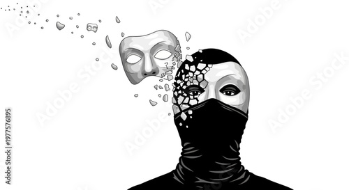 Person with mask shattering, revealing inner self, identity crisis, anonymity concept