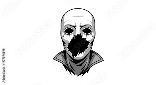 Scary Masked Figure with Black Eyes and Torn Mouth - Horror Concept