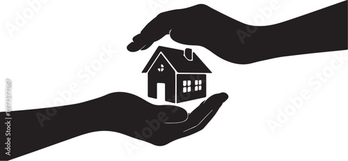 WebBlack silhouette of hands holding a small house with a chimney and windows