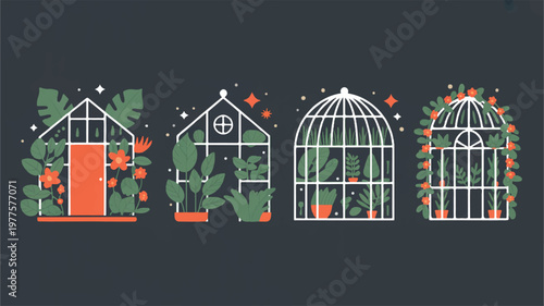 illustration of greenhouses with plants and flowers on gray background