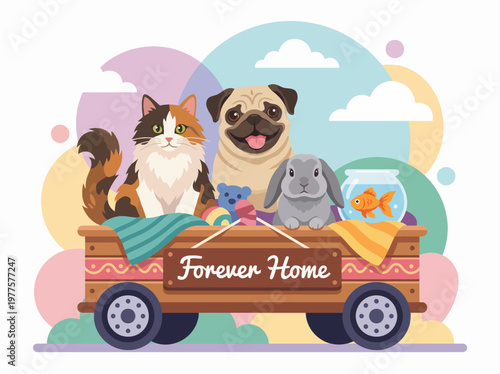 A delightful illustration of a dog, cat, and rabbit in a wagon, representing the joy of pet adoption and the importance of a forever home for animals.