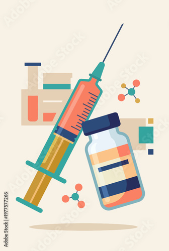 An artistic representation of a syringe next to a vaccine bottle, symbolizing health, prevention, and the importance of vaccinations in modern society.
