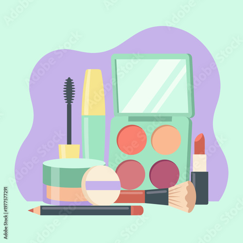 An assortment of trendy cosmetic products displayed on a pastel background, emphasizing beauty, creativity, and self-expression in the world of cosmetics for makeup enthusiasts.