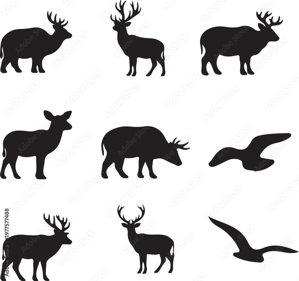 Fototapeta premium Collection of black animal silhouettes on white background featuring deer and birds in various poses and antler styles
