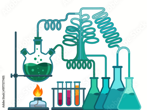 This vibrant illustration features laboratory equipment with bubbling liquids and interconnected tubes that symbolize scientific discovery and experimentation.