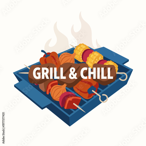 A vibrant barbecue grill loaded with colorful skewers and corn, perfect for outdoor gatherings and summer cookouts showcasing delicious grilled options.