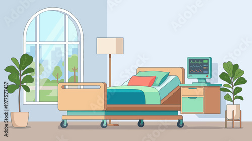 An inviting hospital room depicting a comfortable bed next to a heart rate monitor and large windows, designed to provide a serene environment for patients.