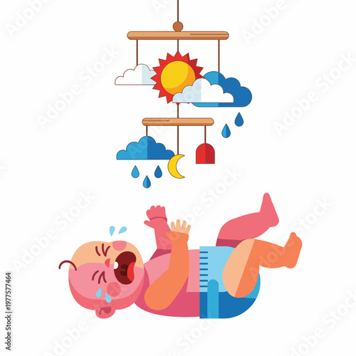 A colorful illustration of a crying baby beneath a cute mobile showcasing sun, clouds, and raindrops, highlighting the contrast of innocence and emotional expression.
