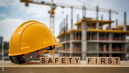 Close up photograph of construction safety helmet and safety first message.
