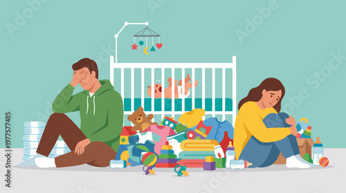 A busy scene featuring two tired parents amidst a chaotic array of baby toys, necessities, and furniture, depicting the challenges and realities of parenthood.