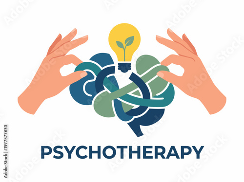 An artistic representation of psychotherapy incorporating hands supporting a brain with intertwined elements symbolizing insights, emotions, and mental well-being for therapy.