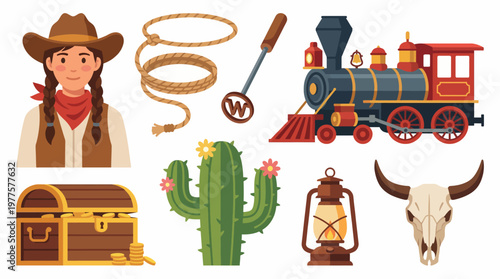 A collection of iconic Western elements featuring a cowboy, vintage train, lasso, lantern, cactus, and treasure, perfectly capturing the adventurous spirit of the Wild West.