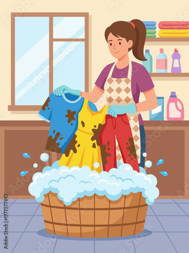 A relatable scene depicting a woman washing muddy clothes in a laundry, showcasing the everyday routine that highlights domestic chores and the effort required for cleanliness.