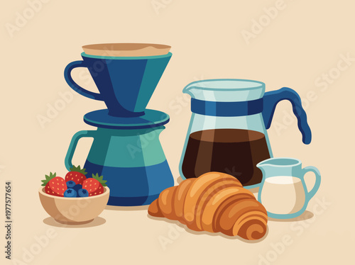 A visually pleasing morning arrangement showcasing coffee-making tools, a freshly brewed coffee pot, and a croissant alongside berries, designed for a cozy cafe atmosphere.