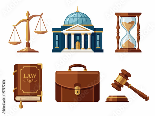 An illustration showcasing various legal elements like scales, a gavel, and a courthouse, symbolizing justice and the legal profession, ideal for legal themes and educative content.