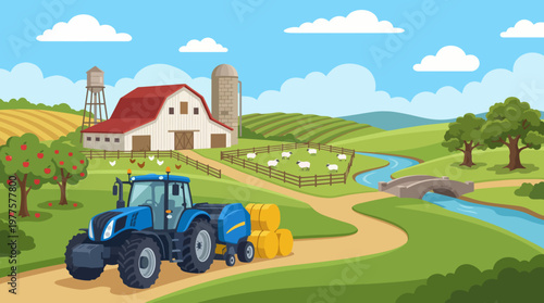 This illustration showcases a pastoral farm landscape complete with a blue tractor working in fields, conveying the harmony of agriculture and nature in rural settings.