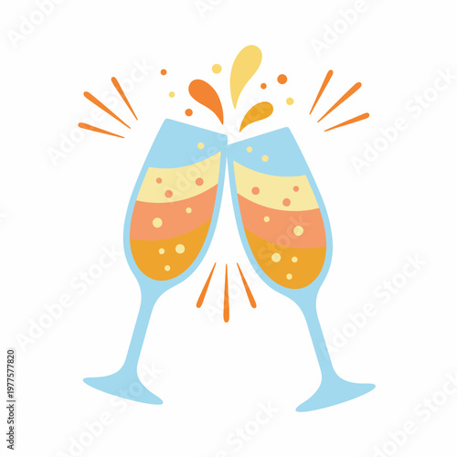 This illustration features two clinking champagne glasses with bubbles and splashes, capturing a joyful moment of celebration, perfect for parties and special occasions.