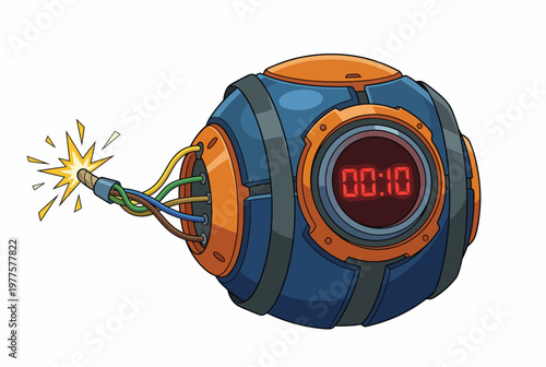 This cartoonish image depicts a bomb with a digital timer showing a countdown, incorporating vivid colors and exaggerated features for a playful yet suspenseful tone.