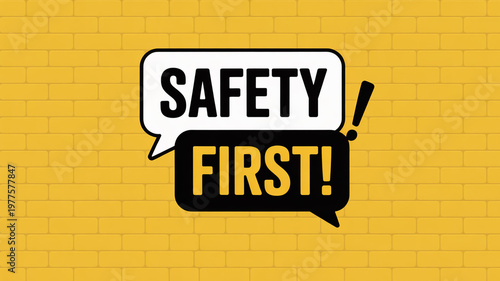 Safety themed graphic design on a bright yellow brick wall background.