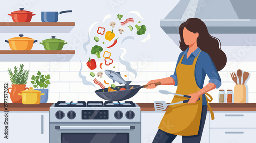 A woman skillfully stir-fries colorful vegetables in a modern kitchen, capturing the essence of culinary creativity and vibrant flavors through a lively cooking process.