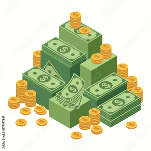 A visually striking illustration of stack of money and coins, representing wealth and financial success, capturing the allure of prosperity and ambition in a modern context.