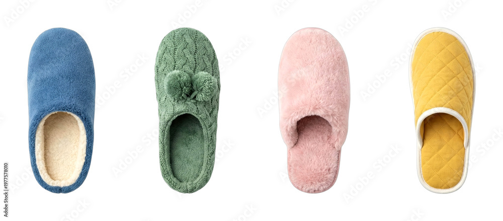 Naklejka premium Colorful house slippers in various styles and textures, including fuzzy, knitted, and quilted designs, for cozy indoor comfort.