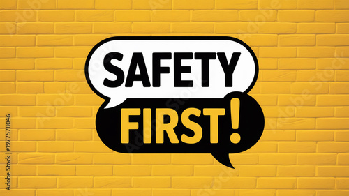 Safety themed graphic design on a bright yellow brick wall background.